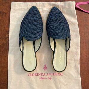 Clorinda Antinori leather lined mules in navy raffia, Size 38